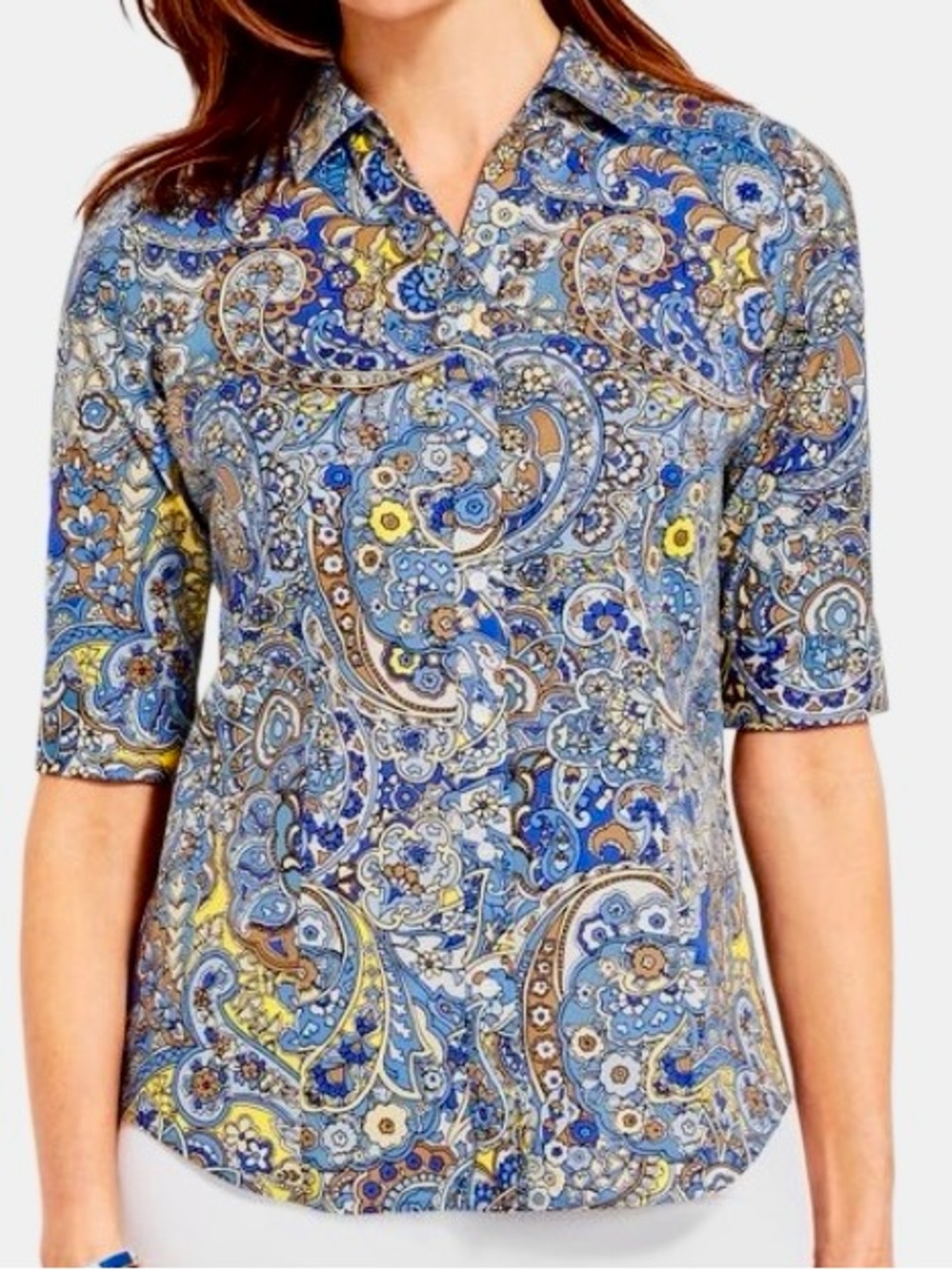 Talbots The Perfect Paisley Shirt in Blue/Tan/Yellow Women’s 8